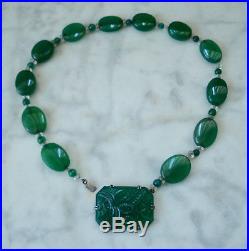 Antique 1920's ART DECO Sterling Silver CARVED CHRYSOPRASE Necklace RARE
