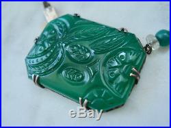 Antique 1920's ART DECO Sterling Silver CARVED CHRYSOPRASE Necklace RARE