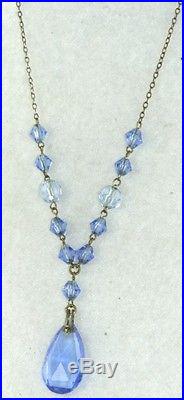 Antique 1920's Art Deco Dangling Blue Crystal Lavaliere Necklace