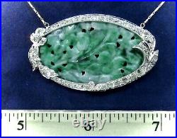 Antique 1920's Art Deco Platinum Diamond & Carved Jadeite Pendant Necklace