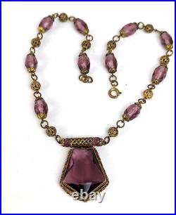 Antique 1920's Czech Amethyst Glass Art Nouveau Deco Brass Filigree Necklace 16