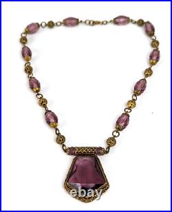 Antique 1920's Czech Amethyst Glass Art Nouveau Deco Brass Filigree Necklace 16