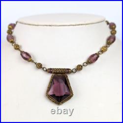 Antique 1920's Czech Amethyst Glass Art Nouveau Deco Brass Filigree Necklace 16