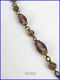 Antique 1920's Czech Amethyst Glass Art Nouveau Deco Brass Filigree Necklace 16