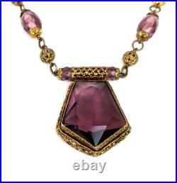 Antique 1920's Czech Amethyst Glass Art Nouveau Deco Brass Filigree Necklace 16