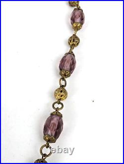 Antique 1920's Czech Amethyst Glass Art Nouveau Deco Brass Filigree Necklace 16