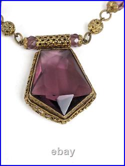 Antique 1920's Czech Amethyst Glass Art Nouveau Deco Brass Filigree Necklace 16