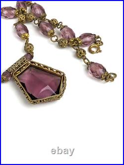 Antique 1920's Czech Amethyst Glass Art Nouveau Deco Brass Filigree Necklace 16