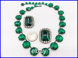 Antique 1920s Art Deco Emerald Glass Bezel Necklace 18 & Large Clip on Earrings