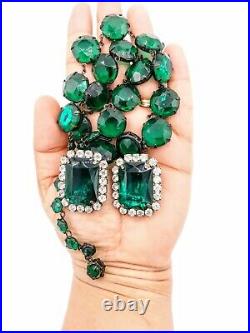 Antique 1920s Art Deco Emerald Glass Bezel Necklace 18 & Large Clip on Earrings