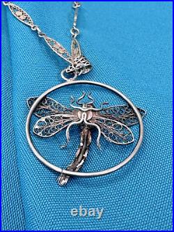 Antique 1920s Art Deco Sterling Silver Filigree Dragonfly Pendant Necklace