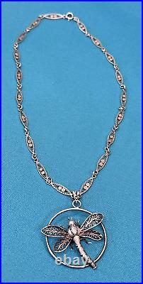 Antique 1920s Art Deco Sterling Silver Filigree Dragonfly Pendant Necklace