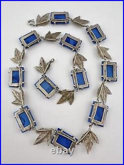 Antique 1930 Czech Art Deco Molded Lapis Glass & Flower Sterling Silver Necklace