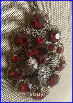 Antique 1930's Czech Ruby Red Faceted Glass Necklace Brass Filigree Art Deco 22