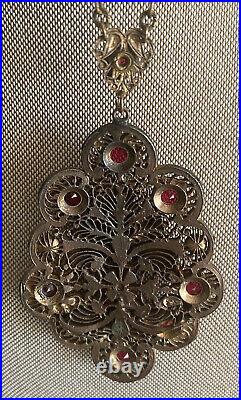 Antique 1930's Czech Ruby Red Faceted Glass Necklace Brass Filigree Art Deco 22