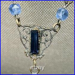 Antique 20s Art Deco Nouveau Blue Glass Enamel Flowers Necklace Czech Max Neiger