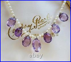 Antique 9ct Gold Art Deco White Pearls and Faceted Purple Amethysts Necklace