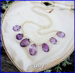 Antique 9ct Gold Art Deco White Pearls and Faceted Purple Amethysts Necklace
