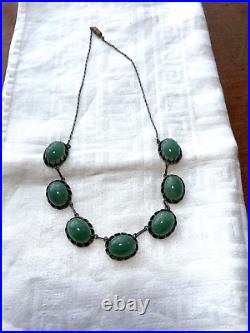 Antique ART DECO Bohemian Silver & Green Glass Necklace 16