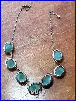 Antique ART DECO Bohemian Silver & Green Glass Necklace 16