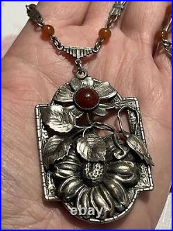 Antique ART DECO Carnelian Silver Flower NECKLACE 1920s Czech