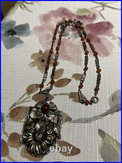 Antique ART DECO Carnelian Silver Flower NECKLACE 1920s Czech