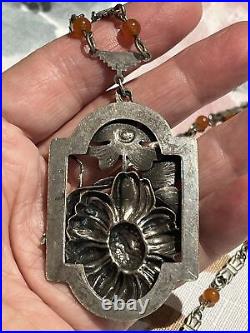 Antique ART DECO Carnelian Silver Flower NECKLACE 1920s Czech