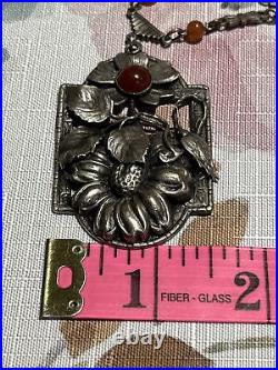 Antique ART DECO Carnelian Silver Flower NECKLACE 1920s Czech