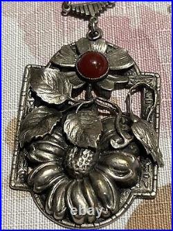 Antique ART DECO Carnelian Silver Flower NECKLACE 1920s Czech