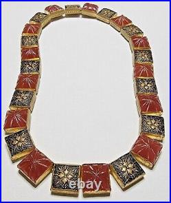 Antique ART DECO Czech Star Molded Carnelian Glass Cab Niello Collar Necklace