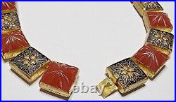 Antique ART DECO Czech Star Molded Carnelian Glass Cab Niello Collar Necklace