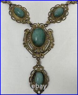 Antique ART DECO Green CZECH Green Jade PEKING Glass Ornate Filigree Necklace