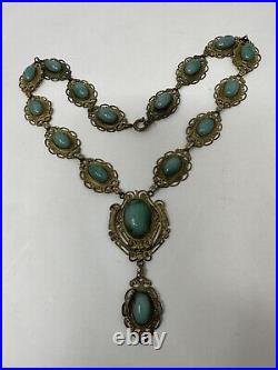 Antique ART DECO Green CZECH Green Jade PEKING Glass Ornate Filigree Necklace