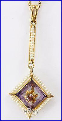Antique Art Deco 10K Seed Pearl & Amethyst Drop Pendant 14K Gold Necklace