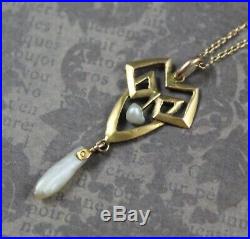 Antique Art Deco 10K Yellow Gold and Pearl Pendant with 14K Gold Chain Necklace