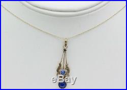 Antique Art Deco 10k Solid Gold Blue Zircon & Seed Pearl Necklace Pendant SRS NR