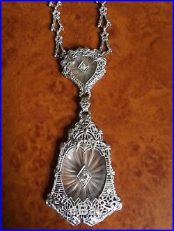 Antique Art Deco 10k White Gold Camphor Glass & Diamond Filigree Necklace