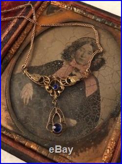 Antique Art Deco 10k Yellow Gold Chain Blue Lavalier Necklace
