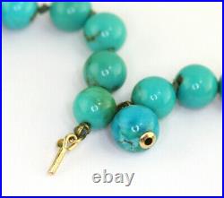 Antique Art Deco 14K Gold Clasp Graduated Turquoise Hand Knotted Necklace 47G