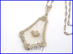 Antique Art Deco 14K Gold Fancy Filigree Camphor Glass Diamond Pendant Necklace