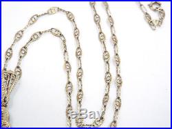 Antique Art Deco 14K Gold Fancy Filigree Camphor Glass Diamond Pendant Necklace