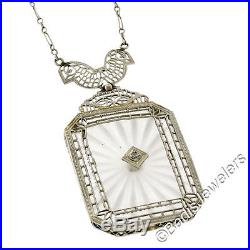 Antique Art Deco 14K Gold Large Camphor Glass Diamond Filigree Pendant Necklace