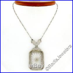 Antique Art Deco 14K Gold Large Camphor Glass Diamond Filigree Pendant Necklace