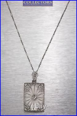 Antique Art Deco 14K White Gold 0.04ct Diamond Camphor Glass Pendant Necklace