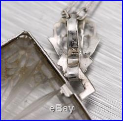 Antique Art Deco 14K White Gold 0.04ct Diamond Camphor Glass Pendant Necklace