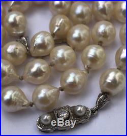 Antique Art Deco 14K White Gold Baroque Pearl Necklace with Diamond Clasp 20