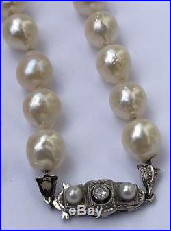 Antique Art Deco 14K White Gold Baroque Pearl Necklace with Diamond Clasp 20