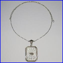 Antique Art Deco 14K White Gold Camphor Glass Diamond Pendant Necklace RL1611CC