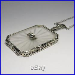 Antique Art Deco 14K White Gold Camphor Glass Diamond Pendant Necklace RL1611CC
