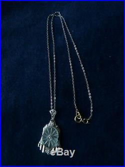 Antique Art Deco 14K White Gold Camphor Glass Necklace Diamond 15.5 Chain